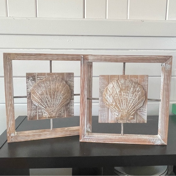JUST IN 2Pc Wooden Coastal Shell Wall Art Set Cream Tan Sea Ocean Nautical Decor - Picture 6 of 7